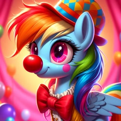 Size: 1024x1024 | Tagged: safe, imported from derpibooru, rainbow dash, pegasus, ai content, ai generated, bowtie, clothes, clown, clown nose, female, generator:bing image creator, generator:dall-e 3, hat, mare, prompter:heydude5321, red nose, solo, wings