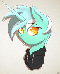 Size: 1600x1952 | Tagged: safe, artist:capseys, imported from derpibooru, lyra heartstrings, pony, unicorn, candy, clothes, ear fluff, eyebrows, eyebrows visible through hair, female, food, hoodie, horn, lollipop, mare, solo