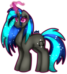 Size: 1280x1411 | Tagged: safe, artist:dazzlingmimi, imported from derpibooru, dj pon-3, vinyl scratch, pony, unicorn, absurd resolution, darkened coat, darkened hair, diamond pupils, female, glowing, glowing horn, horn, mare, nightmare vinyl scratch, nightmarified, simple background, smiling, solo, starry hair, transparent background