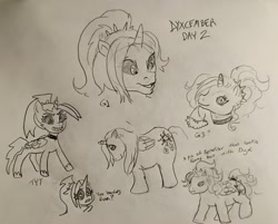 Size: 2048x1650 | Tagged: safe, artist:pony quarantine, imported from derpibooru, oc, oc only, oc:dyx, alicorn, pony, choker, dyxcember, female, filly, foal, g1, g3, g5, grayscale, monochrome, my little pony: tell your tale, pencil drawing, solo, style emulation, traditional art