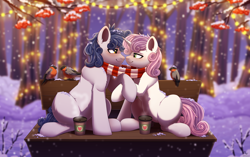 Size: 4480x2808 | Tagged: safe, artist:dinoalpaka, imported from derpibooru, sweetie belle, oc, bird, earth pony, pony, unicorn, canon x oc, clothes, coffee cup, coffee mug, cup, duo, duo male and female, female, holding hooves, horn, looking into each others eyes, male, mare, mug, older, older sweetie belle, outdoors, scarf, shared clothing, shared scarf, shipping, snow, stallion, straight, striped scarf, winter