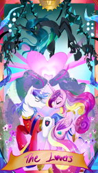 Size: 4500x7886 | Tagged: safe, imported from derpibooru, princess cadance, queen chrysalis, shining armor, alicorn, changeling, pony, unicorn, a canterlot wedding, season 2, black vine, female, horn, lovers, male, mare, my little pony, shiningcadance, shipping, straight, tarot, tarot card