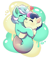 Size: 2400x2858 | Tagged: safe, artist:morrigun, imported from derpibooru, bon bon, lyra heartstrings, sweetie drops, pony, unicorn, do princesses dream of magic sheep, cuddling, cute, eyes closed, female, floating heart, fusion, heart, horn, hug, lesbian, lyrabon, lyrabon (fusion), my little pony, paint splatter, pushmi-pullyu, shipping, signature