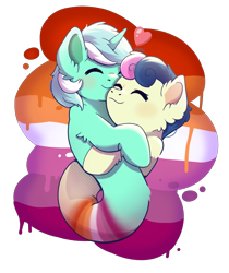 Size: 2400x2858 | Tagged: safe, alternate version, artist:morrigun, imported from derpibooru, bon bon, lyra heartstrings, sweetie drops, pony, unicorn, do princesses dream of magic sheep, cuddling, cute, eyes closed, female, fusion, heart, horn, hug, lesbian, lesbian pride flag, lyrabon, lyrabon (fusion), my little pony, pride, pride flag, pushmi-pullyu, shipping, signature