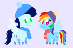 Size: 3552x2347 | Tagged: safe, anonymous artist, derpibooru exclusive, imported from derpibooru, rainbow dash, soarin', pegasus, pony, series:soarindash winter, female, looking at you, male, mare, pointy ponies, shipping, smiling, smiling at you, soarindash, stallion, straight, winter clothes