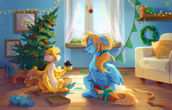 Size: 2892x1852 | Tagged: safe, artist:ivvi, imported from derpibooru, oc, oc only, oc:beaky, oc:brave blossom, griffon, pegasus, pony, fanfic:yellow feathers, book, christmas, duo, feather, female, griffon oc, high res, holiday, indoors, kite, male, mother and child, mother and son, painting, pegasus oc, wings