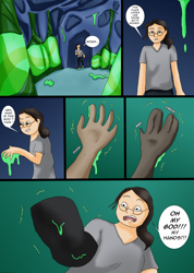 Size: 1618x2277 | Tagged: safe, artist:tf-plaza, imported from derpibooru, changeling, human, changeling hive, changeling slime, comic, human to changeling, speech bubble, transformation, transformation sequence