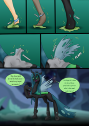 Size: 1618x2277 | Tagged: safe, artist:tf-plaza, imported from derpibooru, queen chrysalis, changeling, changeling queen, human, clothes, comic, female, human female, human to changeling, mental shift, ripping clothes, speech bubble, transformation, transformation sequence