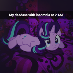 Size: 2048x2048 | Tagged: safe, artist:jhayarr23, artist:trrrebleee, edit, imported from derpibooru, vector edit, starlight glimmer, pony, unicorn, bedroom, caption, hello kitty, horn, insomnia, lying down, meme, real life background, sanrio, snapchat, text, vector