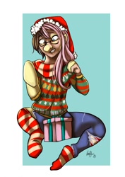 Size: 905x1280 | Tagged: safe, artist:kaeaskavi, imported from derpibooru, fluttershy, human, pony, christmas, christmas sweater, clothes, denim, glasses, hat, holiday, human to pony, jeans, male to female, pants, present, rule 63, santa hat, sitting, socks, solo, striped socks, sweater, transformation, transgender transformation