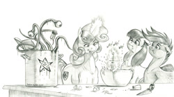 Size: 1600x893 | Tagged: safe, artist:baron engel, imported from derpibooru, apple bloom, scootaloo, sweetie belle, earth pony, pegasus, pony, unicorn, cooking, cutie mark crusaders, female, filly, foal, horn, pencil drawing, story included, traditional art