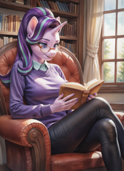 Size: 1280x1760 | Tagged: safe, imported from derpibooru, starlight glimmer, anthro, ai content, ai generated, armchair, book, chair, clothes, female, pants, prompter:ilham470, reading, solo, sweater