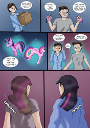 Size: 1609x2290 | Tagged: safe, artist:tf-plaza, imported from derpibooru, princess cadance, twilight sparkle, alicorn, human, pony, comic, dialogue, duo, figurine, human to anthro, speech bubble, transformation, transformation sequence, transgender transformation, twilight sparkle (alicorn)