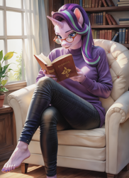 Size: 1280x1760 | Tagged: safe, imported from derpibooru, starlight glimmer, anthro, ai content, ai generated, armchair, book, chair, clothes, pants, prompter:ilham470, reading, sitting, solo, sweater