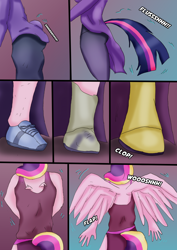 Size: 1614x2283 | Tagged: safe, artist:tf-plaza, imported from derpibooru, princess cadance, twilight sparkle, anthro, human, unguligrade anthro, clothes, comic, duo, female, human to anthro, spread wings, tail, transformation, transformation sequence, transforming clothes, transgender transformation, wings