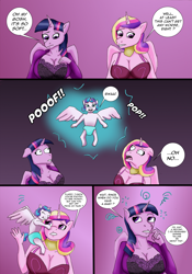 Size: 1608x2292 | Tagged: safe, artist:tf-plaza, imported from derpibooru, princess cadance, princess flurry heart, twilight sparkle, alicorn, anthro, breasts, cleavage, clothes, comic, dialogue, female, human to anthro, lingerie, mental shift, speech bubble, transformation, transformation sequence, transgender transformation, twilight sparkle (alicorn)