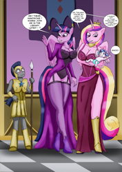 Size: 1613x2284 | Tagged: safe, artist:tf-plaza, imported from derpibooru, princess cadance, princess flurry heart, twilight sparkle, alicorn, anthro, unguligrade anthro, amazon, blushing, breasts, cleavage, clothes, comic, dialogue, dress, female, garter belt, human to anthro, lingerie, post-transformation, royal guard, size difference, socks, speech bubble, stockings, thigh highs, transformation, twilight sparkle (alicorn)