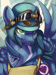 Size: 2340x3150 | Tagged: safe, artist:fly over, imported from derpibooru, oc, pegasus, pony, equestria at war mod, bust, clothes, female, goggles, goggles on head, helmet, mare, one eye closed, pegasus oc, pilot, portrait, smiling, uniform, wings