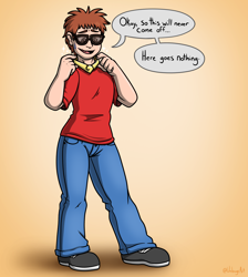 Size: 3744x4182 | Tagged: safe, artist:metallicumbrage, imported from derpibooru, part of a set, human, glasses, gradient background, high res, human to anthro, jewelry, male, male to female, necklace, part of a series, peytral, rule 63, solo, speech bubble, sweat, sweatdrop, transformation, transgender transformation