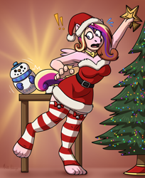 Size: 3800x4658 | Tagged: safe, artist:metallicumbrage, imported from derpibooru, part of a set, princess cadance, alicorn, anthro, unguligrade anthro, absurd resolution, bare shoulders, breasts, busty princess cadance, christmas, christmas tree, clothes, cookie, cookie jar, exclamation point, female, food, hat, holiday, human to anthro, human to pony, jewelry, male to female, necklace, oops, part of a series, reaching, rule 63, santa hat, socks, solo, stockings, stretching, striped socks, sweat, sweatdrops, tail, thigh highs, this will end in little crackly pieces, tight clothing, tiptoe, toes, transformation, transgender, transgender transformation, tree, wide eyes