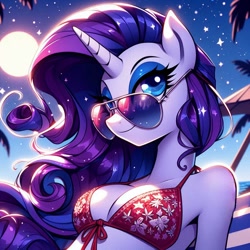 Size: 1024x1024 | Tagged: safe, imported from derpibooru, rarity, anthro, unicorn, ai content, ai generated, aviator sunglasses, beach, bikini, bikini top, breasts, cleavage, clothes, female, generator:bing image creator, generator:dall-e 3, horn, looking at you, moon, night, palm tree, prompter:glimmy-glam, side view, smiling, solo, solo female, stars, sunglasses, swimsuit, tree, unicorn horn