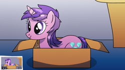 Size: 3840x2160 | Tagged: safe, artist:yourboimario, imported from derpibooru, amethyst star, sparkler, pony, unicorn, behaving like a cat, box, female, high res, horn, mare, pony in a box, solo, your little cat 3