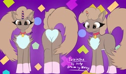 Size: 3500x2048 | Tagged: safe, artist:wornpaladin, artist:worny, imported from derpibooru, oc, oc only, hybrid, pony, squirrel, squirrel pony, unicorn, abstract background, bell, bell collar, broken horn, brown eyes, collar, commission, horn, looking at you, multicolored skin, name, poses, reference sheet, signature, simple background, smiling, smiling at you, solo, text