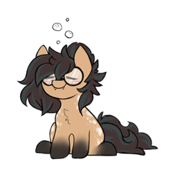 Size: 512x512 | Tagged: safe, artist:_candypone_, imported from derpibooru, oc, oc only, oc:nixie tube, bat pony, earth pony, hybrid, bubble, coat markings, dappled, drunk, eyes closed, fangs, flushed face, glasses, simple background, sitting, smiling, socks (coat markings), solo, transparent background