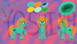 Size: 2840x1620 | Tagged: safe, artist:azira faerinx, imported from derpibooru, oc, oc only, earth pony, pony, bow, commission, crystal, female, front view, green coat, hair bow, hoof shoes, jewelry, necklace, orange mane, reference sheet, side view