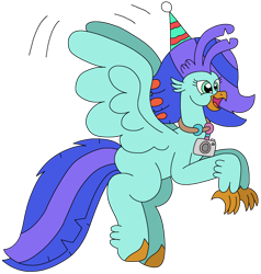 Size: 1984x2084 | Tagged: safe, artist:supahdonarudo, imported from derpibooru, oc, oc:sea lilly, classical hippogriff, hippogriff, birthday, camera, flying, hat, jewelry, necklace, party hat, simple background, transparent background