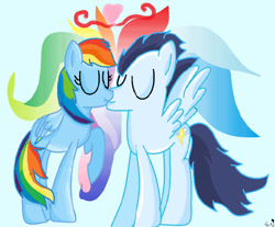 Size: 750x621 | Tagged: safe, artist:sparkle102, imported from derpibooru, rainbow dash, soarin', pegasus, pony, eyes closed, female, kiss on the lips, kissing, male, mare, shipping, soarindash, stallion, straight