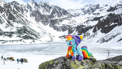 Size: 1192x670 | Tagged: safe, artist:mgrdash, imported from derpibooru, rainbow dash, pegasus, pony, clothes, irl, mountain, photo, plushie, ponies in real life, scarf