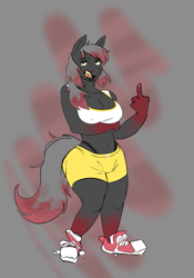 Size: 581x831 | Tagged: safe, artist:rubyrelax, imported from derpibooru, oc, oc only, oc:blood stain, anthro, plantigrade anthro, arm under breasts, breasts, cleavage, clothes, looking at you, middle finger, open mouth, shoes, shorts, sneakers, underwear, vulgar