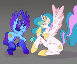 Size: 4007x3352 | Tagged: source needed, safe, artist:dg_lps, imported from derpibooru, princess celestia, oc, oc:blue thunder, alicorn, dancing, spread wings, wings