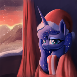 Size: 1549x1549 | Tagged: safe, artist:maretian, princess luna, alicorn, pony, balcony, blanket, bust, christmas, clothes, comfy, costume, female, hat, holiday, looking at you, mare, mountain, santa costume, santa hat, scarf, scenery, smiling, smiling at you, snow, snowfall, solo, sunset