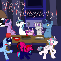 Size: 7999x7999 | Tagged: source needed, safe, artist:realtyler, imported from derpibooru, night light, princess cadance, princess flurry heart, shining armor, twilight sparkle, twilight velvet, oc, oc:blue thunder, alicorn, unicorn, holiday, horn, thanksgiving, twilight sparkle (alicorn)