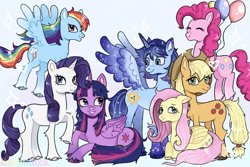 Size: 900x600 | Tagged: source needed, safe, artist:caramiizu, imported from derpibooru, applejack, fluttershy, pinkie pie, rainbow dash, rarity, twilight sparkle, oc, oc:blue thunder, alicorn, earth pony, pegasus, unicorn, balloon, horn, mane six, twilight sparkle (alicorn)