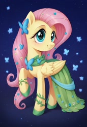 Size: 832x1216 | Tagged: safe, imported from derpibooru, fluttershy, pegasus, pony, ai content, ai generated, clothes, dress, gala dress, prompter:cypher, raised hoof, smiling, solo