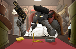 Size: 6950x4480 | Tagged: safe, artist:tinnitus, imported from derpibooru, oc, oc only, oc:nail falcon, oc:yellow night, griffon, fallout equestria, alcohol, armchair, armor, ashtray, bullet, chair, cigar, closet, clothes, fallout equestria: parallelism, gun, handgun, hat, indoors, lighter, male, revolver, room, table, weapon, whiskey