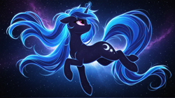 Size: 1920x1080 | Tagged: safe, imported from derpibooru, oc, oc only, unnamed oc, pony, unicorn, ai content, ai generated, backlighting, blue mane, blue tail, dark coat, ethereal mane, ethereal tail, female, floating, floating in space, floppy ears, freckles, full body, generator:stable diffusion, generator:zoinksnoob, glowing, glowing horn, horn, looking back, mare, nebula, pink eyes, prompt in description, prompter:tyto4tme4l, side view, smiling, solo, space, space pony, spacewalk, star freckles, stars, tail, unicorn oc, wallpaper