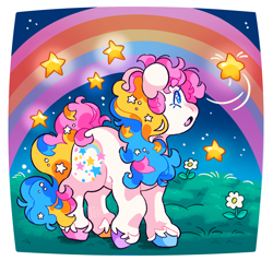 Size: 2048x1954 | Tagged: safe, artist:cocopudu, imported from derpibooru, baby starbow, earth pony, pony, colored hooves, colored pupils, female, flower, g1, hooves, looking up, mare, multicolored hair, multicolored hooves, night, open mouth, outdoors, rainbow, solo, stars, stars in mane, unshorn fetlocks