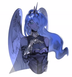 Size: 1917x2048 | Tagged: safe, artist:amangjia, imported from derpibooru, princess luna, human, breasts, cleavage, clothes, dress, ear piercing, earring, female, gauntlet, gorget, hair over one eye, horn, horned humanization, humanized, jewelry, piercing, regalia, simple background, solo, white background, winged humanization, wings