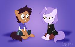 Size: 2530x1597 | Tagged: safe, artist:jaedenwalton, imported from derpibooru, earth pony, pony, unicorn, amity blight, female, grin, horn, lesbian, looking at each other, looking at someone, lumity, luz noceda (the owl house), non-mlp shipping, ponified, rule 85, shipping, sitting, smiling, the owl house