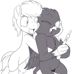 Size: 979x995 | Tagged: safe, artist:nauyaco, imported from derpibooru, oc, oc:ardent heart, griffon, pony, female, hug, male, monochrome, pregnancy test, stallion