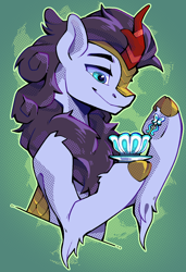 Size: 1266x1850 | Tagged: safe, artist:breloomsgarden, imported from derpibooru, oc, oc only, oc:silver brook, kirin, abstract background, bust, cup, food, happy, kirin oc, male, smiling, stallion, stirring, tea, teacup