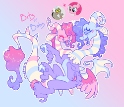 Size: 2018x1751 | Tagged: safe, artist:bishopony, imported from derpibooru, discord, pinkie pie, oc, oc:bits n' bobs, draconequus, earth pony, pony, blush scribble, blushing, colored hooves, conjoined, conjoined twins, draconequus oc, duo, ethereal mane, eyes closed, fangs, floating, fusion:discord, fusion:pinkie pie, gradient background, hoof fluff, hoof heart, hooves, long feather, looking at you, mismatched wings, multicolored hooves, multiple heads, name, open mouth, open smile, screencap reference, signature, smiling, smiling at you, starry mane, swirly eyes, two heads, underhoof, unshorn fetlocks, wings