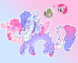 Size: 952x771 | Tagged: safe, artist:bishopony, imported from derpibooru, discord, pinkie pie, oc, oc:bits n' bobs, draconequus, earth pony, pony, colored hooves, conjoined, conjoined twins, draconequus oc, duo, ethereal mane, eyes closed, fangs, floating, fusion:discord, fusion:pinkie pie, gradient background, hooves, looking at you, mismatched wings, multicolored hooves, multiple heads, open mouth, open smile, screencap reference, smiling, smiling at you, starry mane, swirly eyes, two heads, unshorn fetlocks, wings