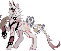 Size: 1205x1012 | Tagged: safe, artist:rottendevilman, imported from derpibooru, oni, pony, arataki itto (genshin impact), bow, choker, horns, leonine tail, male, ponified, simple background, solo, spiked choker, spiked wristband, stallion, tail, tail bow, white background, wristband