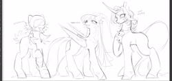 Size: 2036x963 | Tagged: safe, artist:rottendevilman, imported from derpibooru, lily lightly, scootaloo (g3), starsong, earth pony, pegasus, pony, unicorn, black and white, female, g3, goggles, grayscale, headdress, horn, jewelry, leonine tail, mare, monochrome, necklace, simple background, sketch, tail, trio, white background, wip