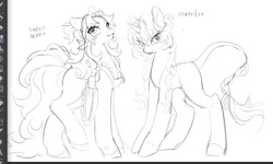 Size: 1372x825 | Tagged: safe, artist:rottendevilman, imported from derpibooru, cheerilee (g3), sweet berry, earth pony, pony, unicorn, apron, black and white, braid, braided tail, clothes, duo, female, g2, g3, grayscale, horn, leonine tail, mare, monochrome, sketch, tail, wip